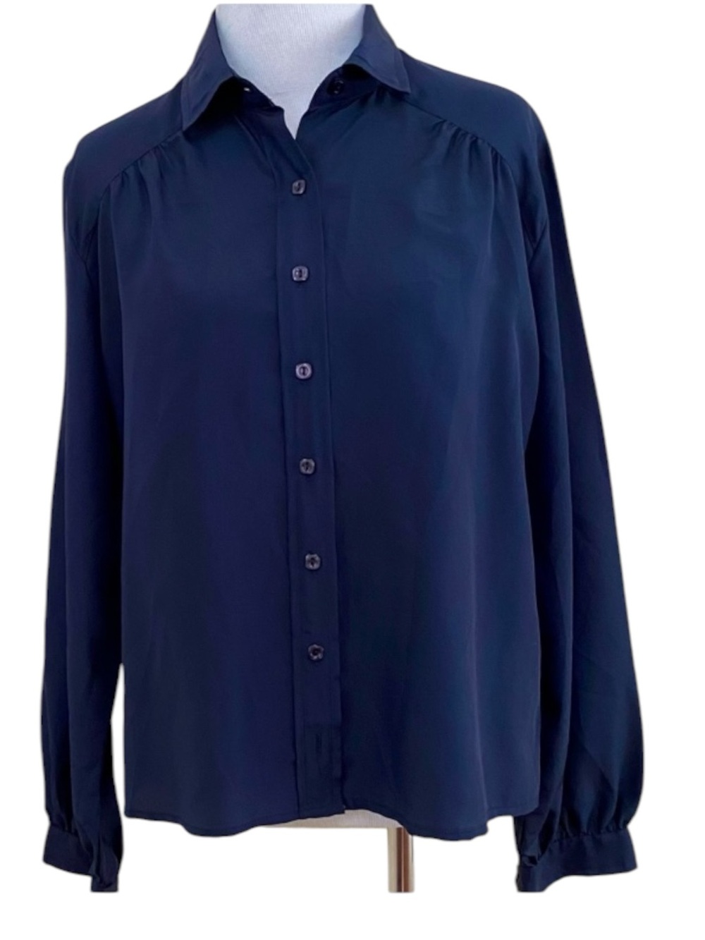 Vintage Hooper Blouse Navy 14 Blue Button down 80’s Shirt Long Sleeve